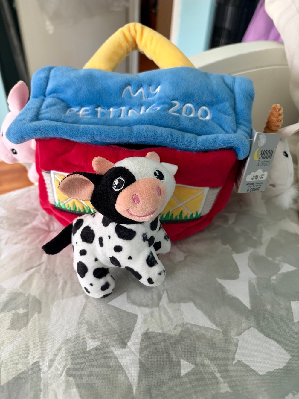 Moon & Stars Plush Black & White Cow Toy with Red & Blue Barn Playset